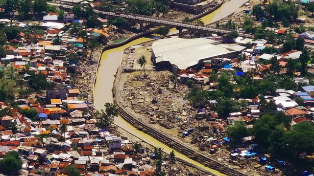 Medium tele aerial view, Mananga River flood damage in Talisay Cebu Philippines