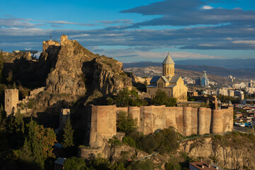 Narikala Fortress And St Nicholas Church In Golden Sunlight