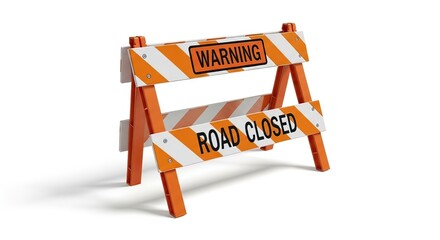 Vibrant orange and white road barrier sign clearly indicating 'Road Closed' with a 'Warning' message for safety and traffic redirection on a clean white background