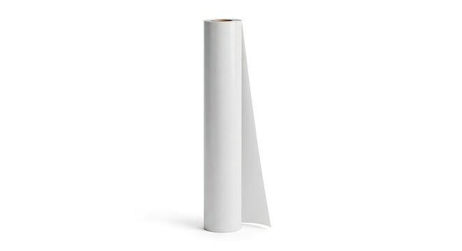 Tall cylindrical roll of pristine white paper, perfect for large format printing, architectural blueprints, or creative design projects