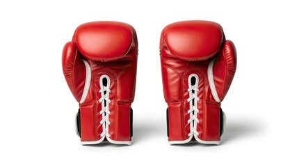 A striking pair of vibrant red boxing gloves standing tall, ready for action on a pristine white background, symbolizing power and competitive spirit