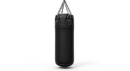 Black punching bag hanging from a chain, isolated on a white background, for boxing and martial arts training
