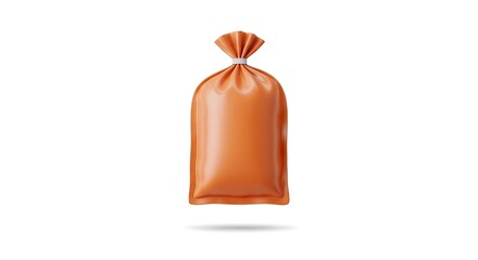 Blank orange plastic packaging pouch mockup, tied with string, floating for product design presentation. Versatile empty merchandise bag template, isolated on white
