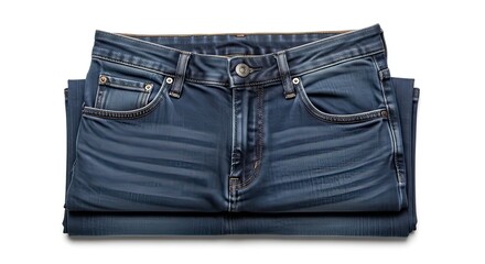 Neatly folded blue denim jeans isolated on white, showcasing durable fabric texture and versatile casual fashion apparel for modern wardrobes