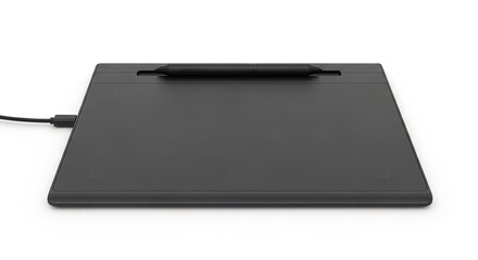 Black digital graphics tablet, stylus holder, connected cable, for art and design, isolated on white background