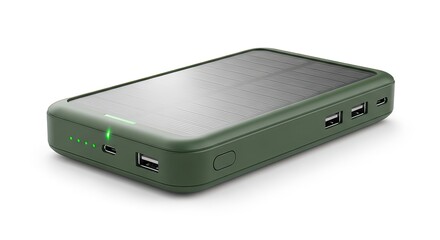 Portable solar power bank for charging multiple electronic devices outdoors, a green eco-friendly gadget with USB ports and an integrated solar panel