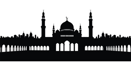 Mosque Silhouette with Domes and Minarets against White Background © TahminaStock