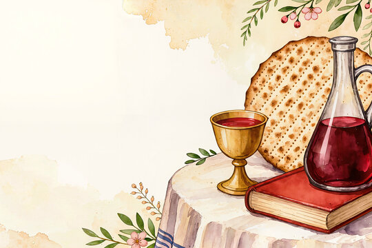 Watercolor Passover greeting card with matzah, wine glass and Haggadah book illustration with copy space