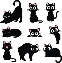set of cute black cat character, hand draw black cat in various character, happy cat illustration, hissing, peeking, stretching, sitting, sleeping, meowing, 