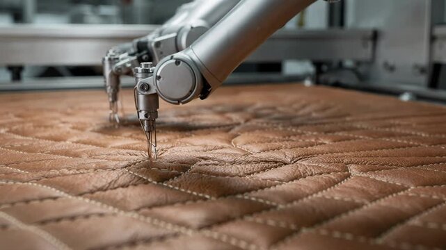 Medium shot of robotic arms quilting leather panels with intricate uniform patterns showcasing advanced automation in luxury leather craftsmanship.