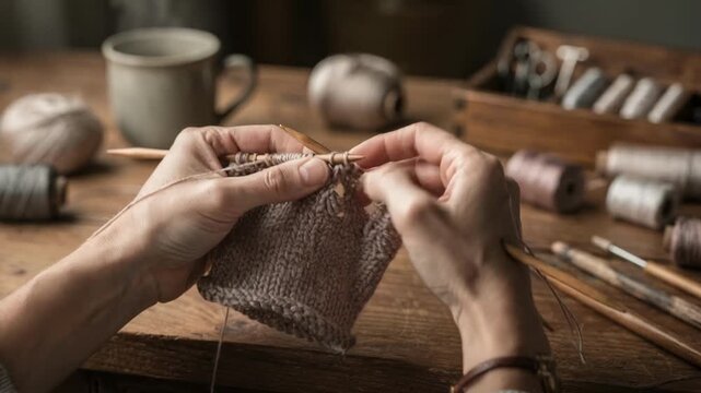 Medium shot of skilled hand knitting delicate silk glove liners for lightweight warmth and smooth texture highlighting fine craftsmanship in a cozy workshop setting.