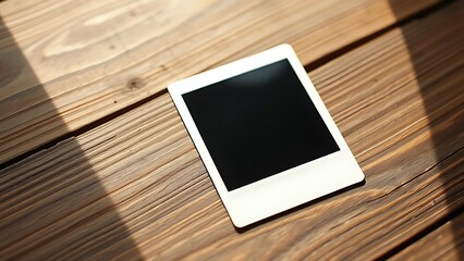 polaroid. Vintage polaroid photo resting on a rustic wooden surface with a nostalgic film grain effect. lifestyle magazines.