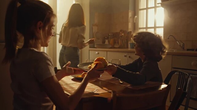 cinematic video, single mother modest cozy kitchen, serving dinner two children, warm golden sunlight window, kids smiling eagerly reaching for plates, emotionally authentic, tender gestures natural