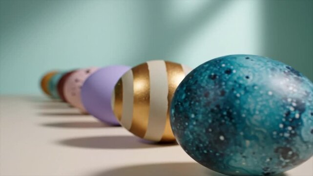 Colorful decorative Easter eggs arranged in a row with a prominent golden egg in the foreground and a soft-focus background featuring pastel colors