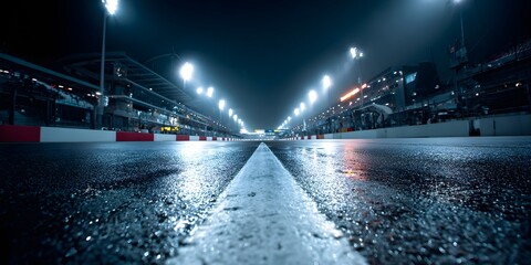 Naklejka premium Wet racing track at night with illuminated grandstands and floodlights reflecting on the wet surface