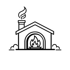 Minimalist line icon of crematorium building with smoke and fire symbol