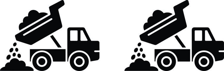 Dump truck silhouette icons set showing construction vehicle unloading gravel material industrial transport symbols isolated on white background © Hello World