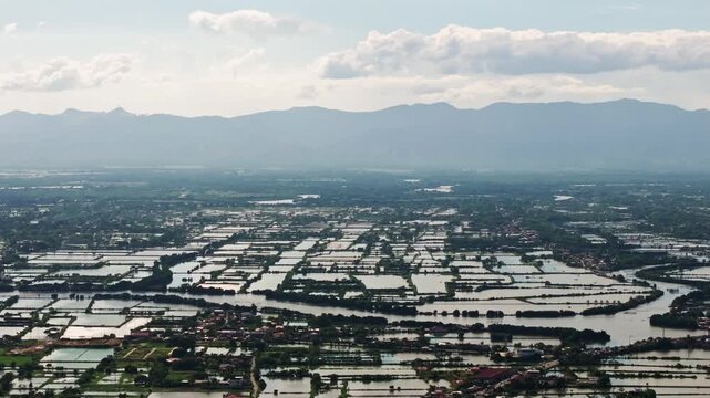 Aerial panorama of Bangus fishponds near Dagupan City and Mount San Isidro
