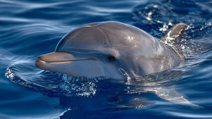 Obraz premium Dolphin Swimming in Ocean Waves with Sunlight Reflection on Water Surface