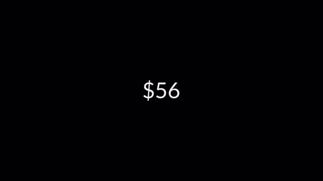 Dollar counting animation from zero to hundred on a black background, 0 to 100 dollar money counter animation with alpha channel in 4k.