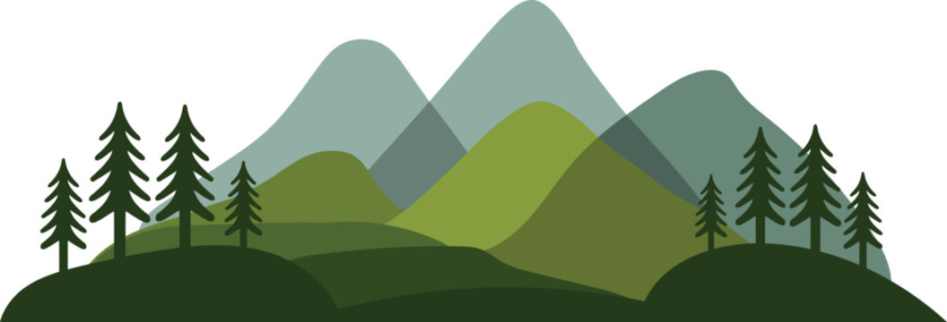 Abstract green mountain landscape with silhouette evergreen pine trees in misty layered forest scenery for nature background and wilderness adventure travel vector design