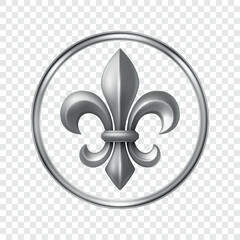 Vector 3d Silver Fleur De Lis Symbol in Round Frame, Isolated. Elegant Royal Emblem. Classic French Heraldic Icon. Luxury Fleur De Lis Sign. Logo Design, Badge, Noble Decoration, Vintage Ornament © gomolach