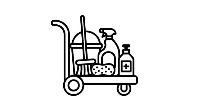 Cleaning Cart with Mop Bucket Bottles Spray and Sponge Motion Graphic Loop