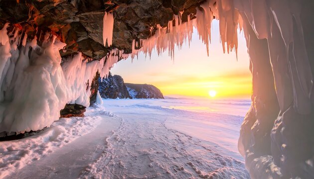 A sunlit horizon seen through a cave entrance festooned with icicles, overlooking a snowy landscape near a rocky outcropping