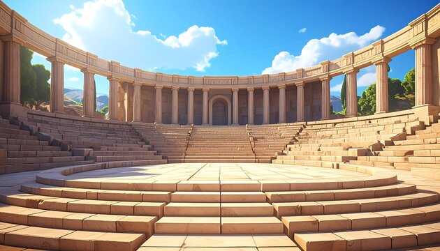 A sunlit, ancient amphitheater with tiered seating and columns under a clear blue sky with fluffy white clouds