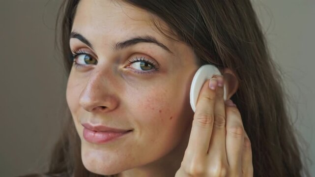 4K cinematic video, close-up of a young woman facing camera natural window light, neutral background, slow motion, woman gently removing makeup cotton pad, foundation dissolving reveal real acne