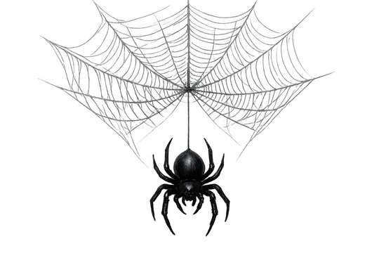 Black spider descending on a transparent web, a spooky halloween and fear concept, isolated arachnid vector