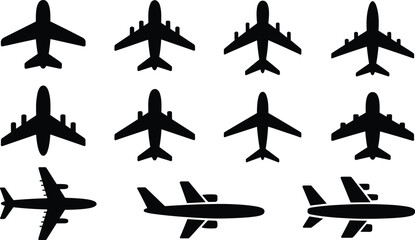 Airplane icon set with top and side view aircraft silhouettes flat vector illustration for aviation travel transport design © Hello World