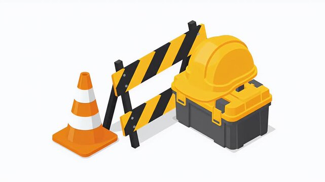 Construction Tools Safety Helmet Toolbox Cone Gloves Barrier Line Isometric Graphic