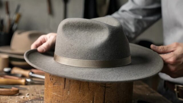 Tailored medium shot of reshaping a trilby hat on a wooden block emphasizing the sleek narrow brim and crown as final adjustments are applied before quality check.
