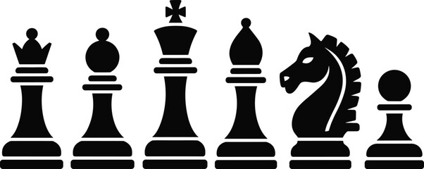Chess pieces silhouette row featuring king queen bishop knight rook and pawn classic strategy board game illustration © Hello World