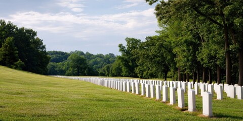 Tranquil cemetery landscape with rows of headstones amidst lush greenery