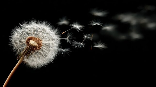Dandelion seed flying in the wind, isolated focus, letting go concept