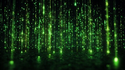 Digital Rain Abstract: An abstract and visually captivating display of digital rain, where luminous green lines cascade downwards, creating a sense of immersion and the dynamic flow of information.