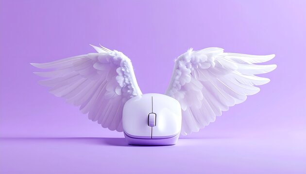 A white computer mouse with large, feathered wings takes flight on a pastel purple background, creating a charming display of surreal silliness and imaginative digital concepts.