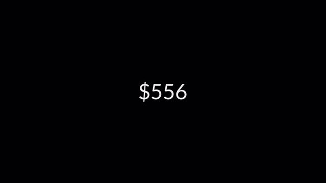Dollar counting animation from zero to one thousand on a black background, 0 to 1,000 dollar money counter animation with alpha channel in 4k.