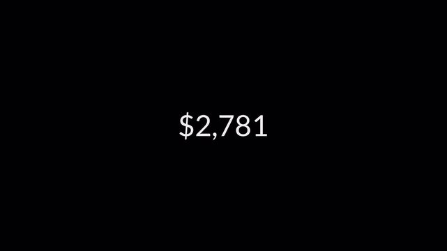 Dollar counting animation from zero to five thousand on a black background, 0 to 5,000 dollar money counter animation with alpha channel in 4k.
