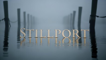 Naklejka premium Foggy Stillport Harbor with Wooden Piers.