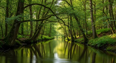 Obraz premium Lush green forest canopy arches over a calm river reflecting trees nature