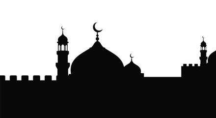 Mosque Silhouette with Crescent Moon Domes and Minarets at Night © FAHMIDA