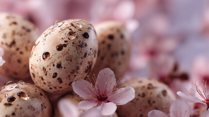 Obraz premium Speckled quail eggs with pink cherry blossoms soft spring easter background close up