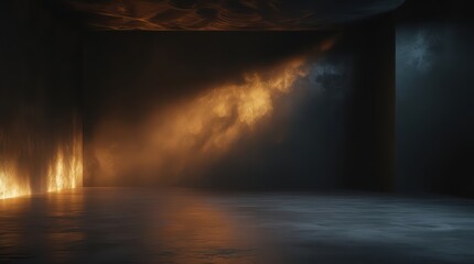 Fototapeta premium Dramatic dark room with golden light rays and smoke