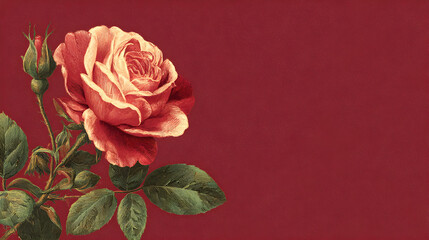Vintage rose bloom on red background