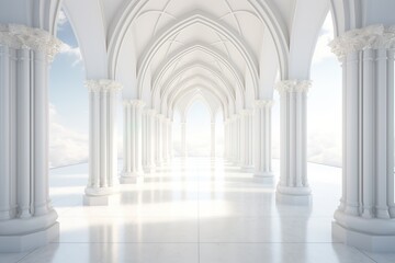 Fototapeta premium A wide hall filled with tall white columns and bright light coming through large windows. The space has a smooth floor and open sky in the background, creating a bright atmosphere