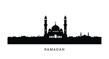 Fototapeta premium Ramadan mosque silhouette with minarets and dome on white background