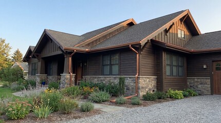 Obraz premium Modern rustic-style house with wooden exterior and landscaped garden design featuring diverse plants and stone accents